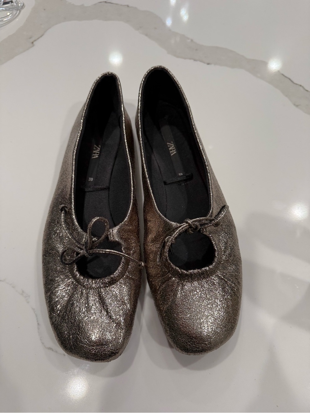 Zara Metallic Bronze Tie-Front Ballet Flats